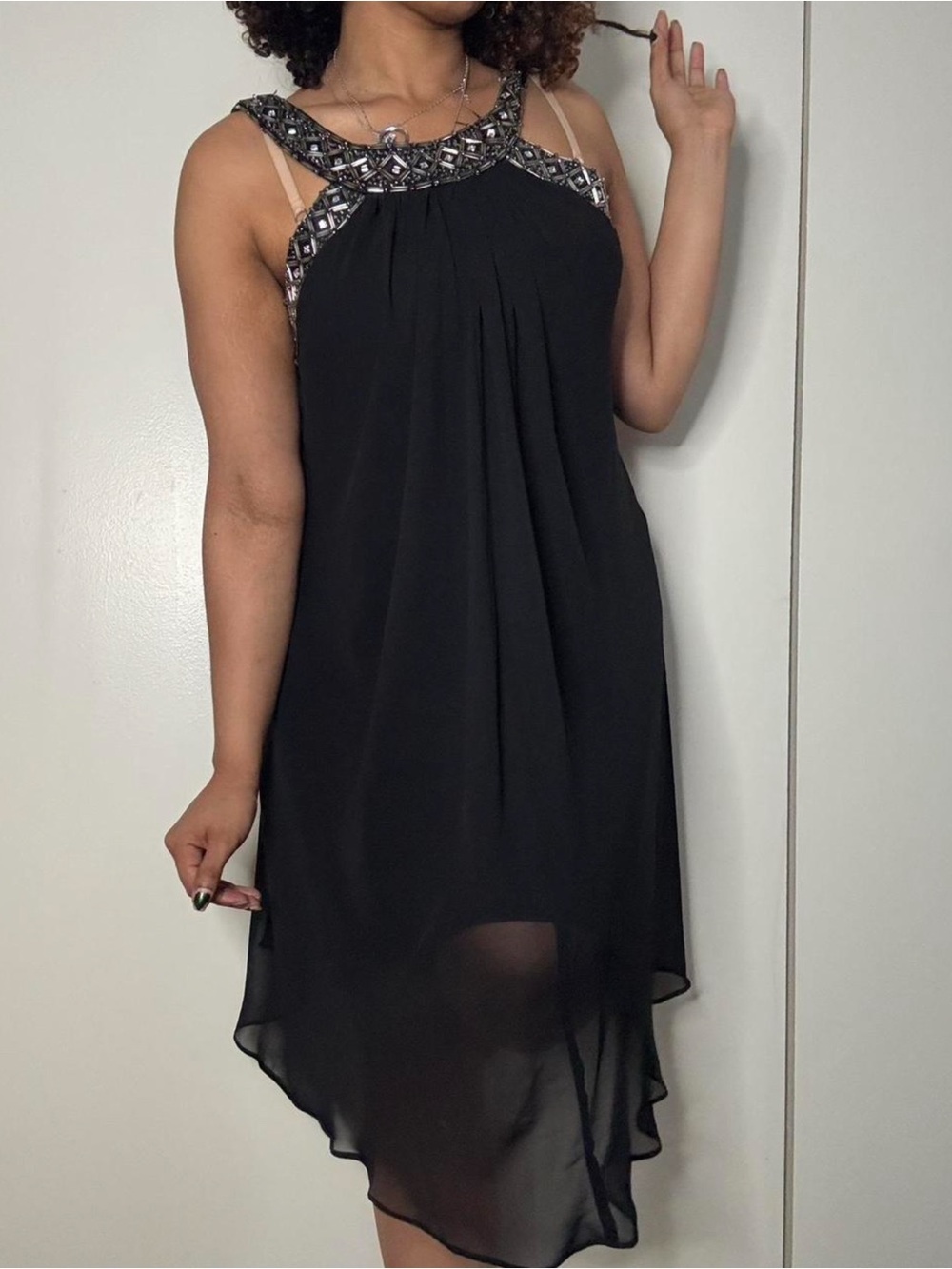 Embellished Black Halter Evening Dress